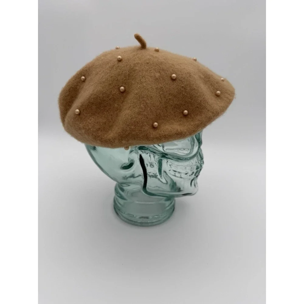 Marcus Adler Women's Wool Pearl Beaded French Beret Hat One Size Tan Brown